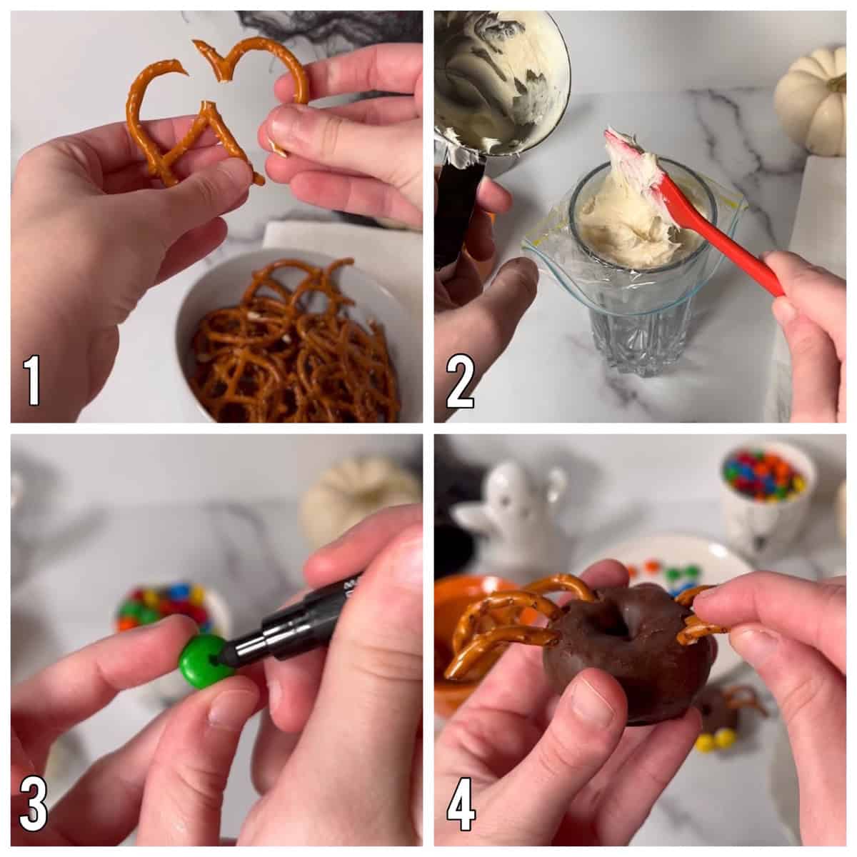 Four photos showing steps to make easy spider donuts.