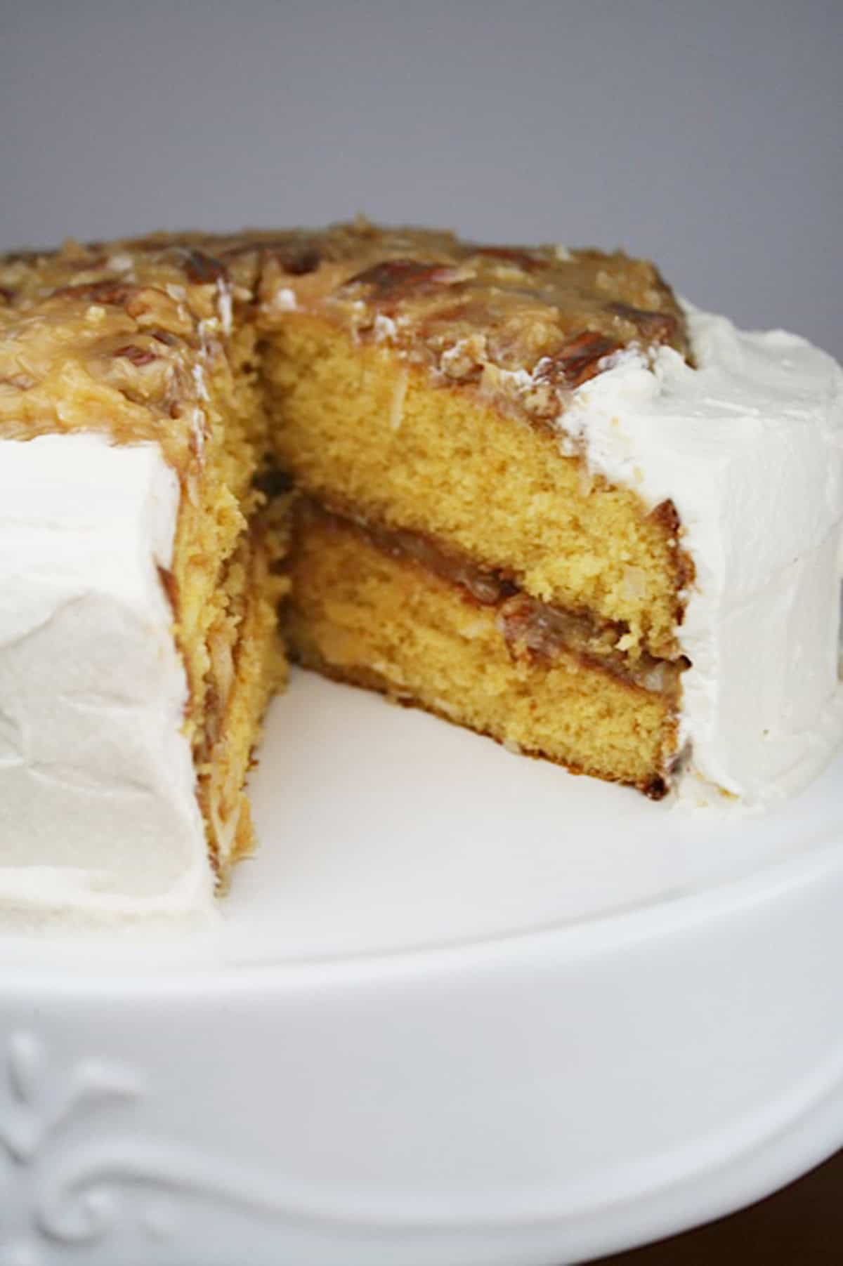 Yellow layer cake with butterscotch filling and whipped cream topping.