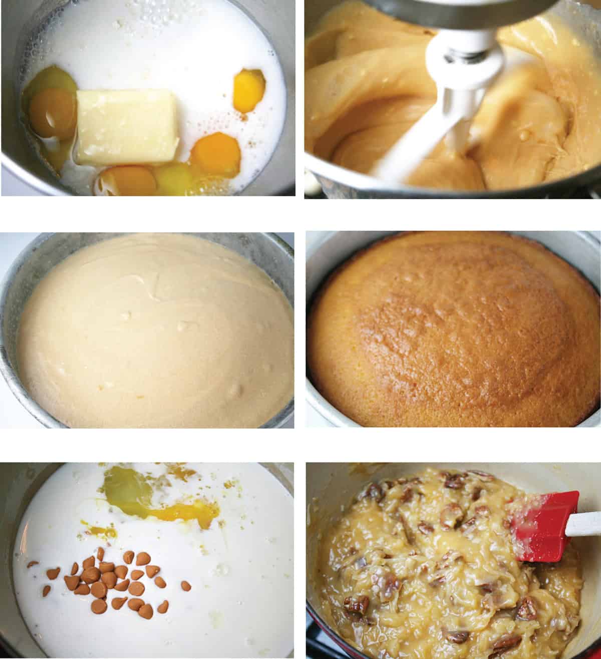 Steps showing how to make a Mardi Gras season cake.