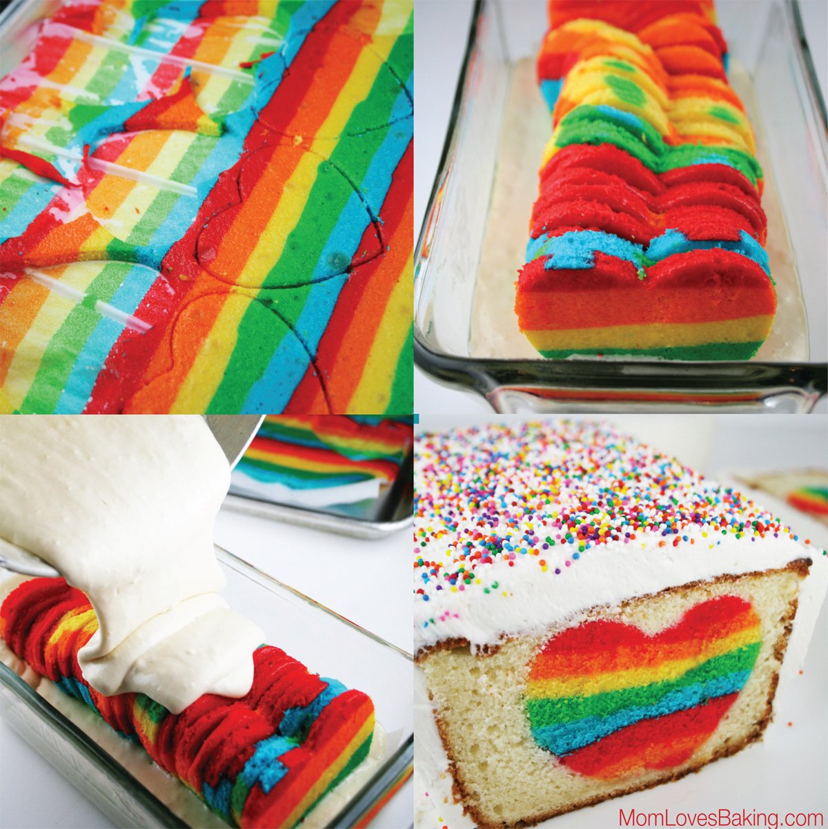 Steps showing how to make a rainbow heart surprise inside cake.