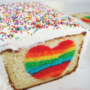Very cute vanilla loaf cake with a surprise rainbow heart on the inside.
