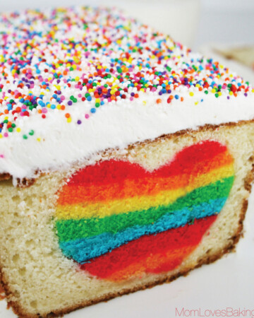 Very cute vanilla loaf cake with a surprise rainbow heart on the inside.