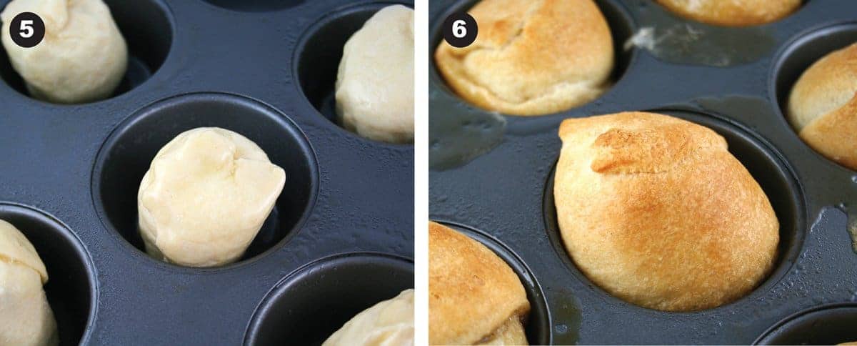 Two photos showing rolls in muffin pan, one before baking and one after baking.