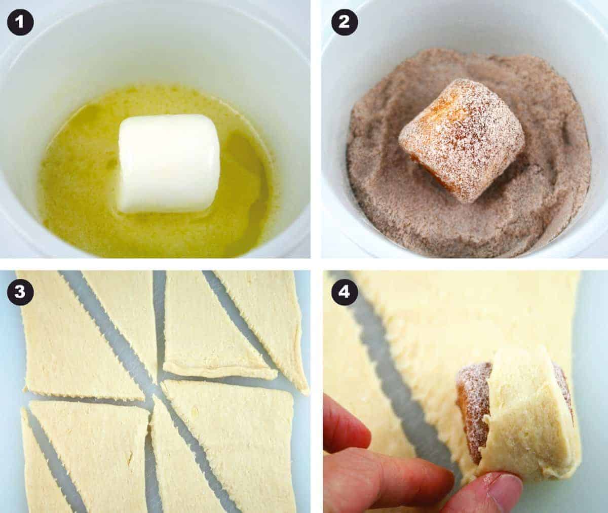 Four step by step photos showing marshmallow dipped in butter, then cinnamon sugar, then photo of crescent roll dough and the marshmallow rolled in dough.