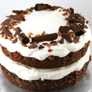 Chocolate praline layer cake with whipped cream.