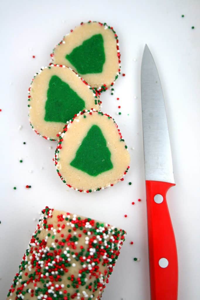 Slice cookie dough log to reveal Christmas tree