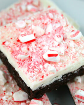 Peppermint bark brownies cut into squares.