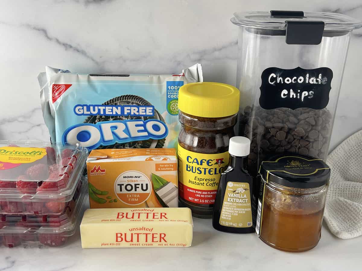 Ingredients needed to make a chocolate raspberry tart.