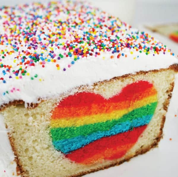 Rainbow heart surprise inside loaf cake