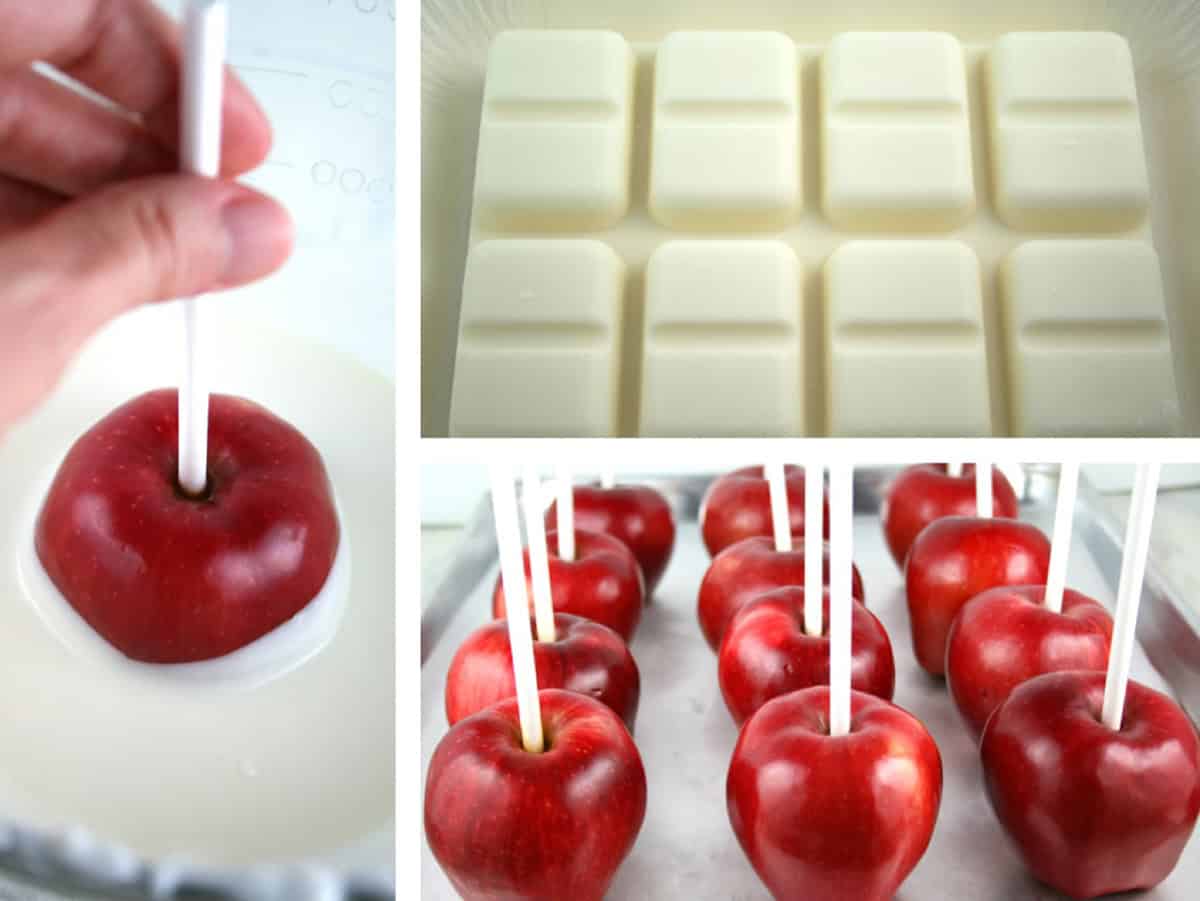Step by step photos showing how to make july 4th apples.