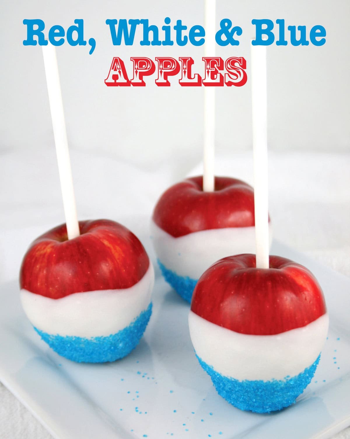 Red, white and blue candy apples for july 4th dessert table.