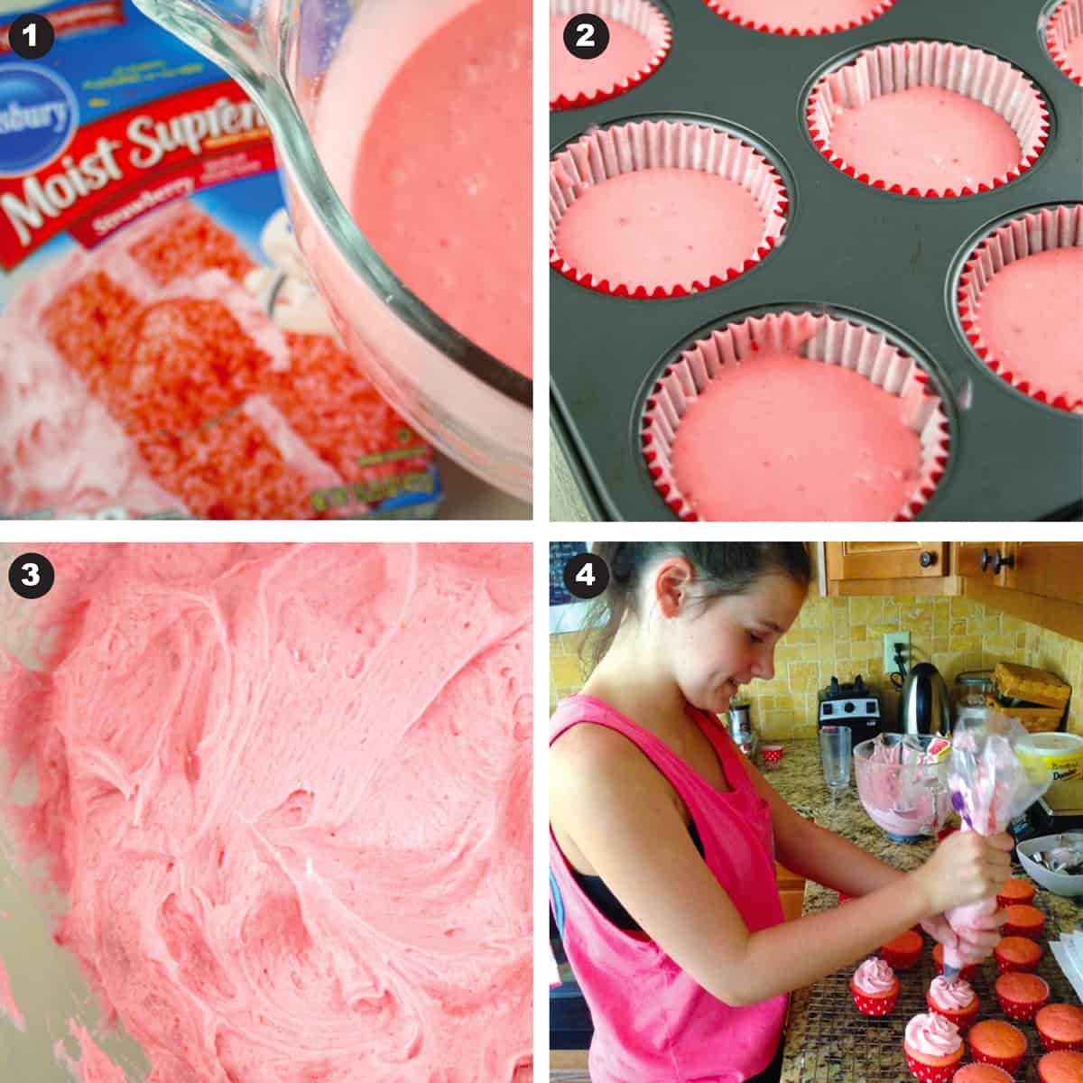 Four pictures showing the process of making strawberry cupcakes.