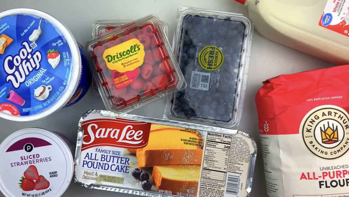 Ingredients needed to make an English trifle laid out on the kitchen counter.