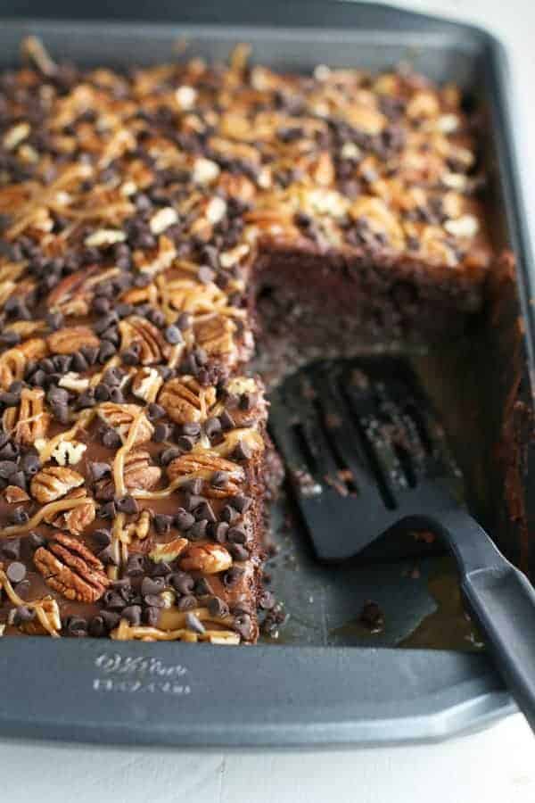 Chocolate Turtle Poke Cake