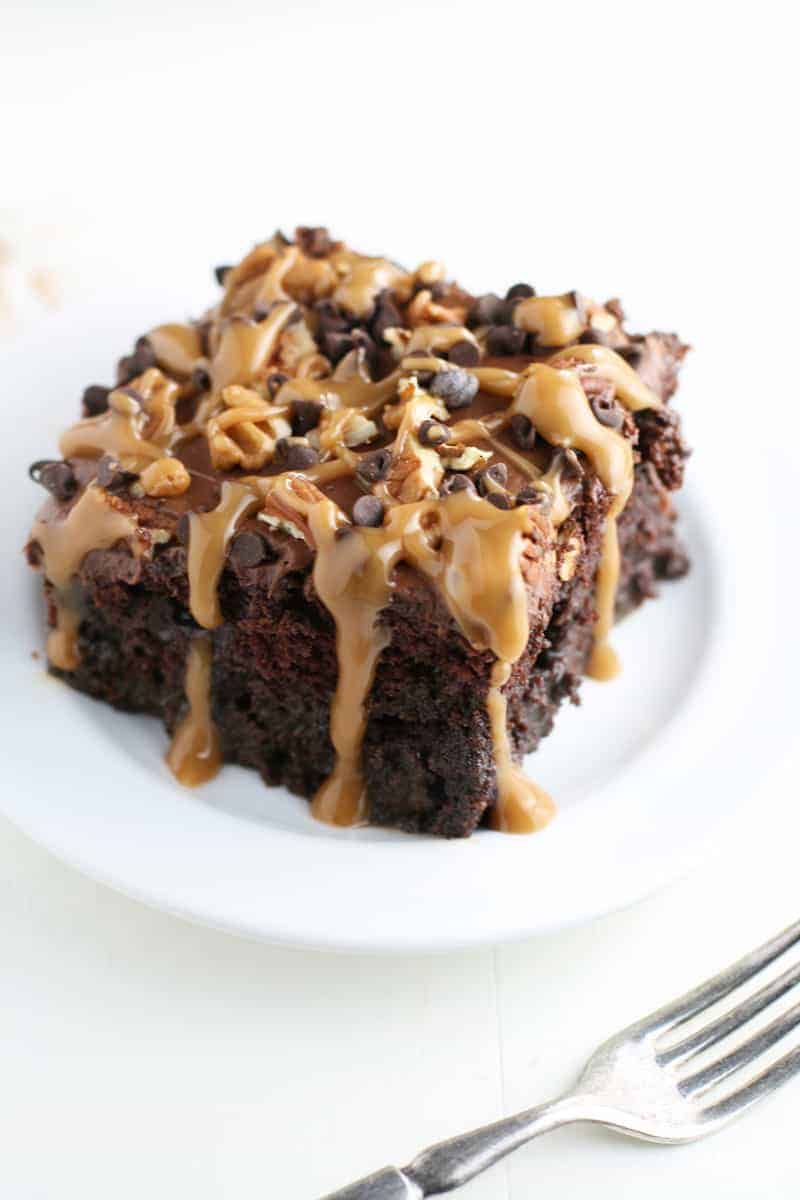 Chocolate Turtle Poke Cake