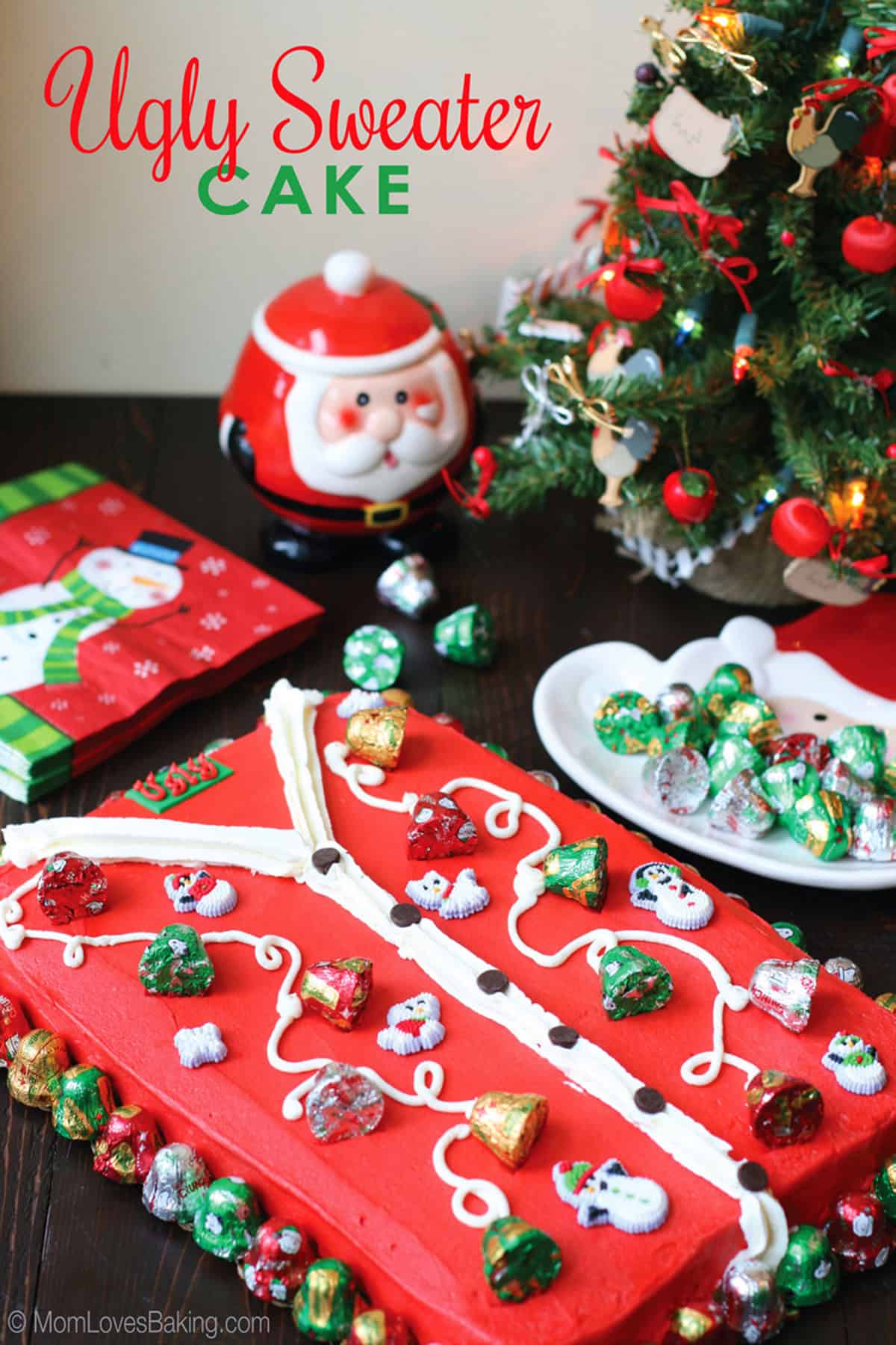 Ugly sweater cake on a table.