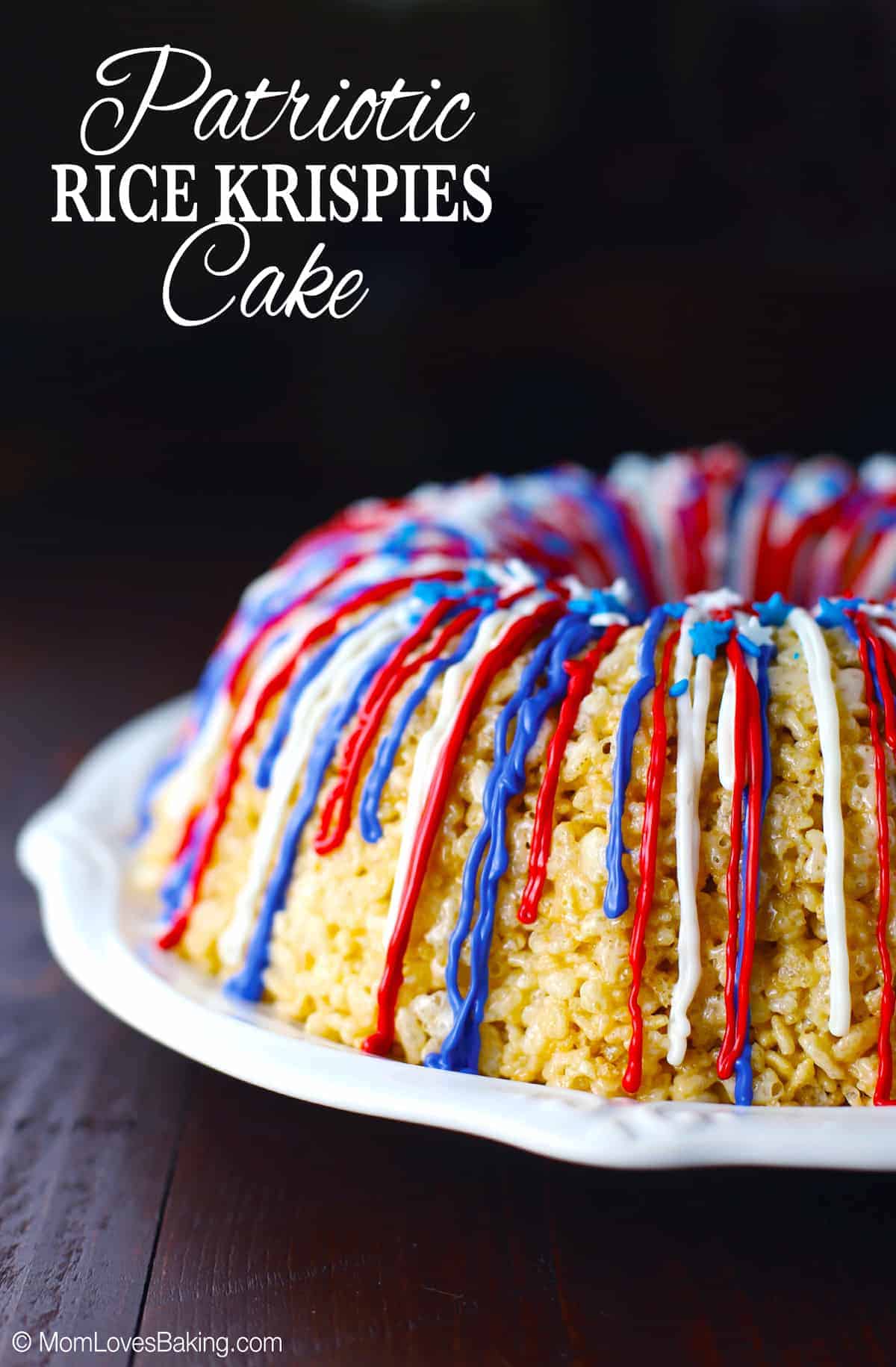 Bundt shaped rice krispies cake with candy melt drizzles in red, white and blue.