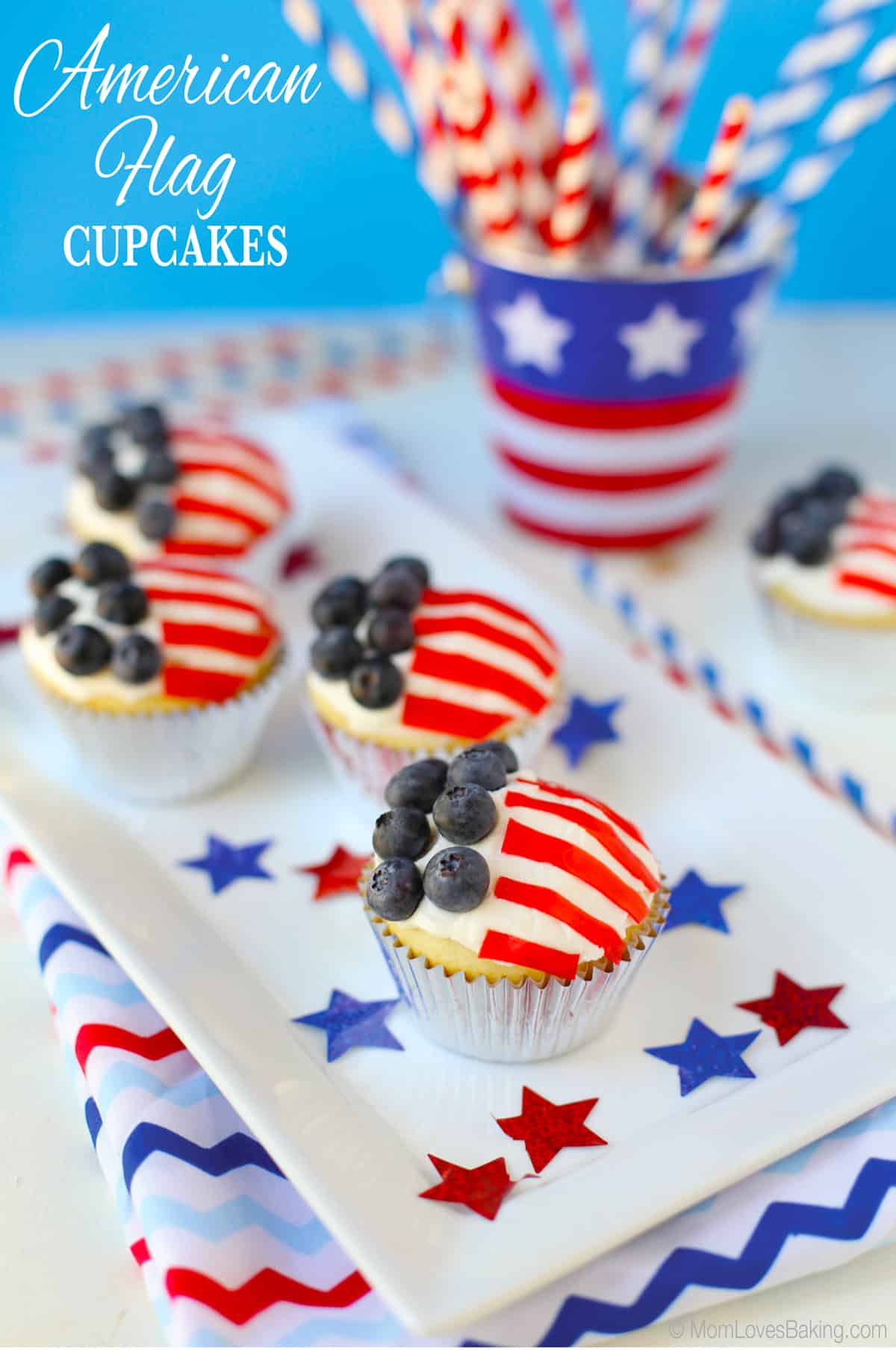 Vanilla cupcakes with white frosting, red fruit roll up stripes and blueberry stars to look like the flag.