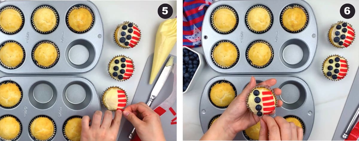 Two photos showing steps five and six of how to make flag cupcakes.