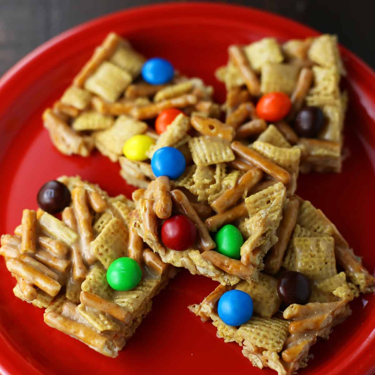 Chex Mix Bars with Pretzels and M&Ms - Deliciously Seasoned