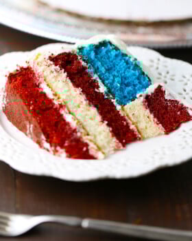 Piece of cake cut from an American flag surprise inside layer cake.