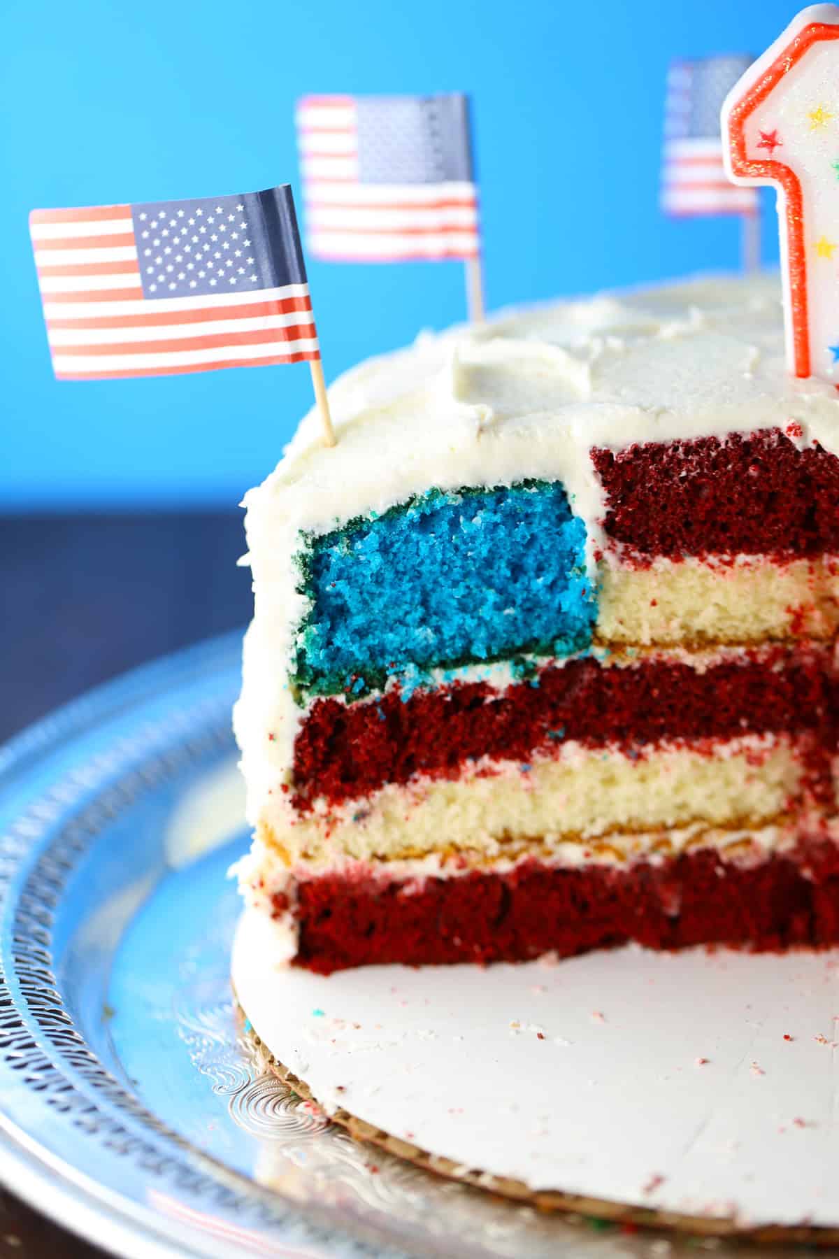 Birthday cake with American flag design in the red, white and blue layers of the cake.