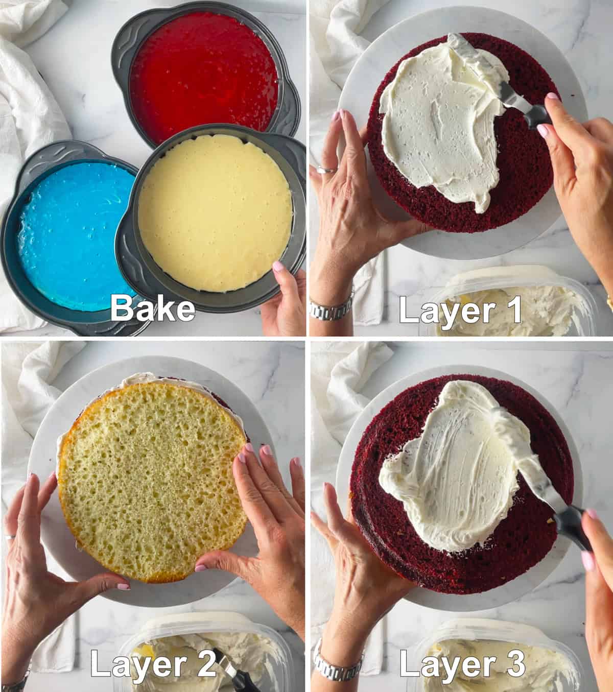 First four steps showing how to make a flag cake.