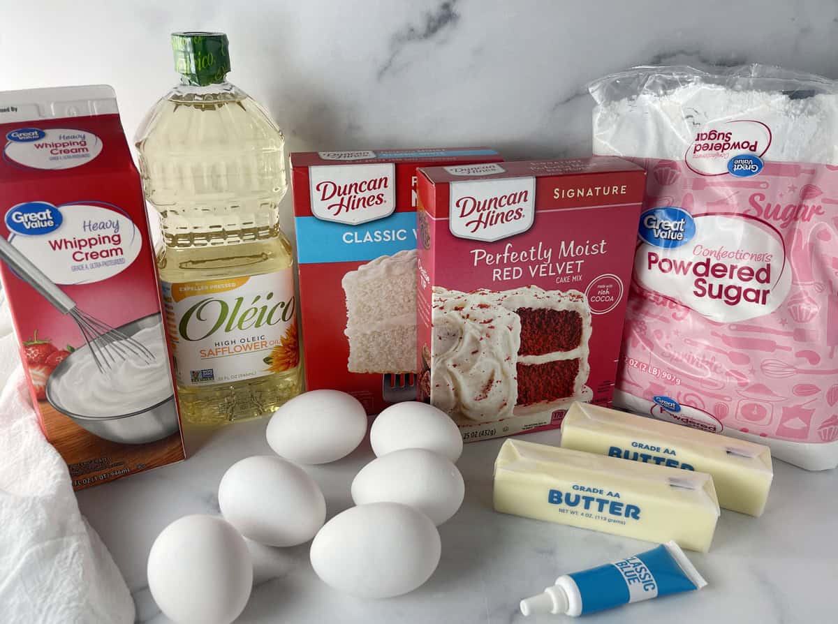 Ingredients needed to make an American flag layer cake.