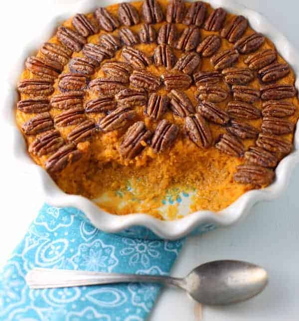 Sweet potato casserole with spoon