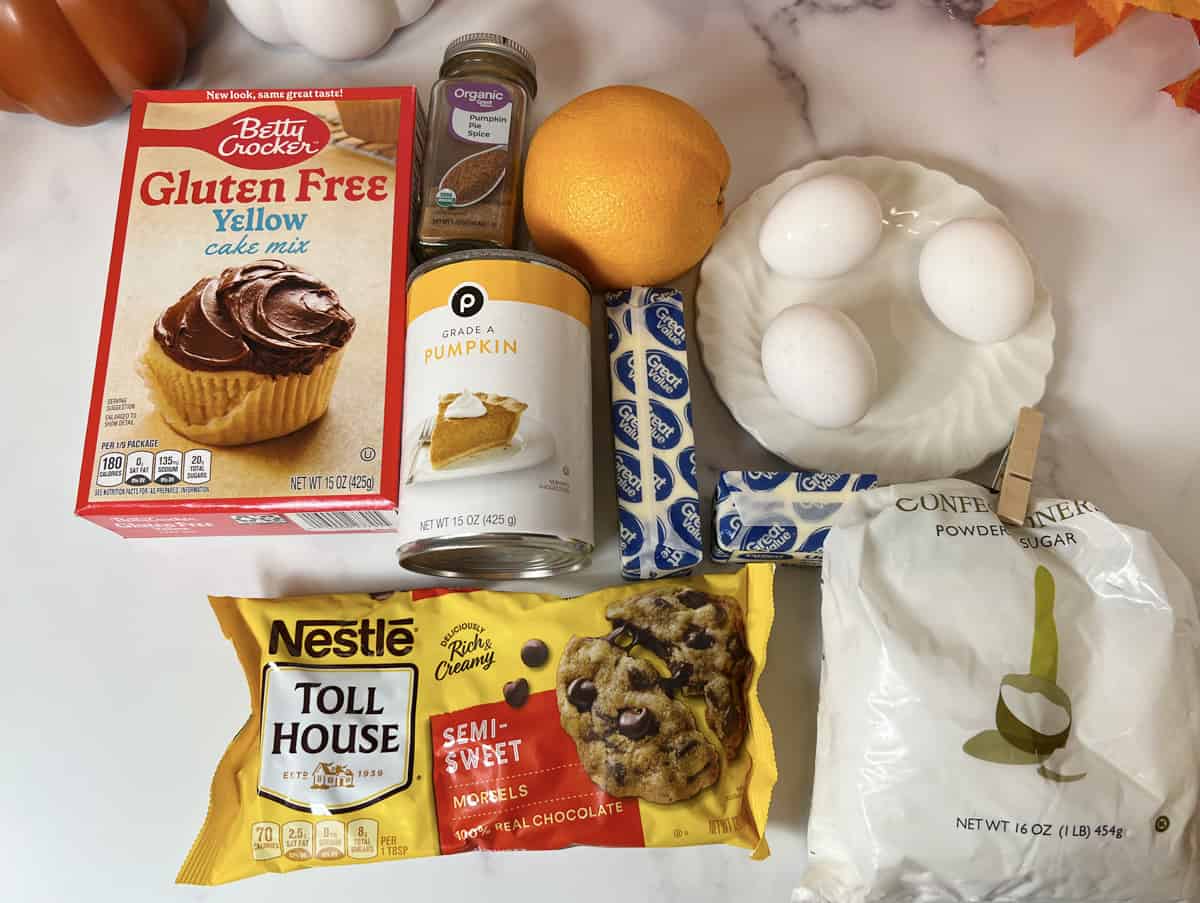 All the ingredients you need to make chocolate pumpkin swirl bundt cake.