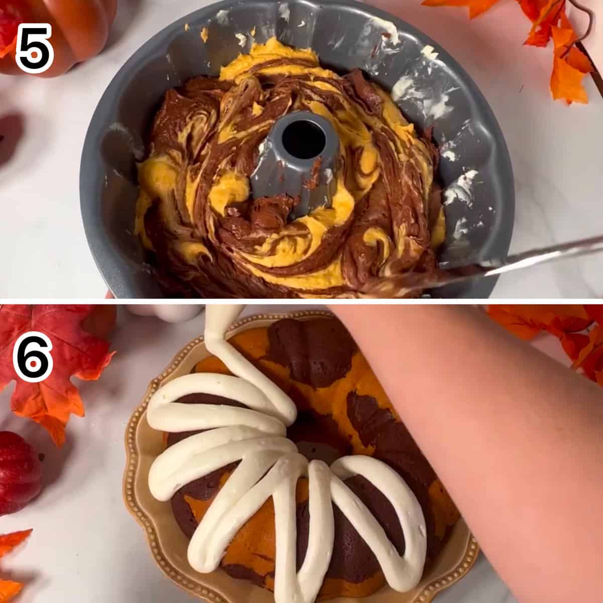 How to make pumpkin chocolate swirl cake steps five and six.