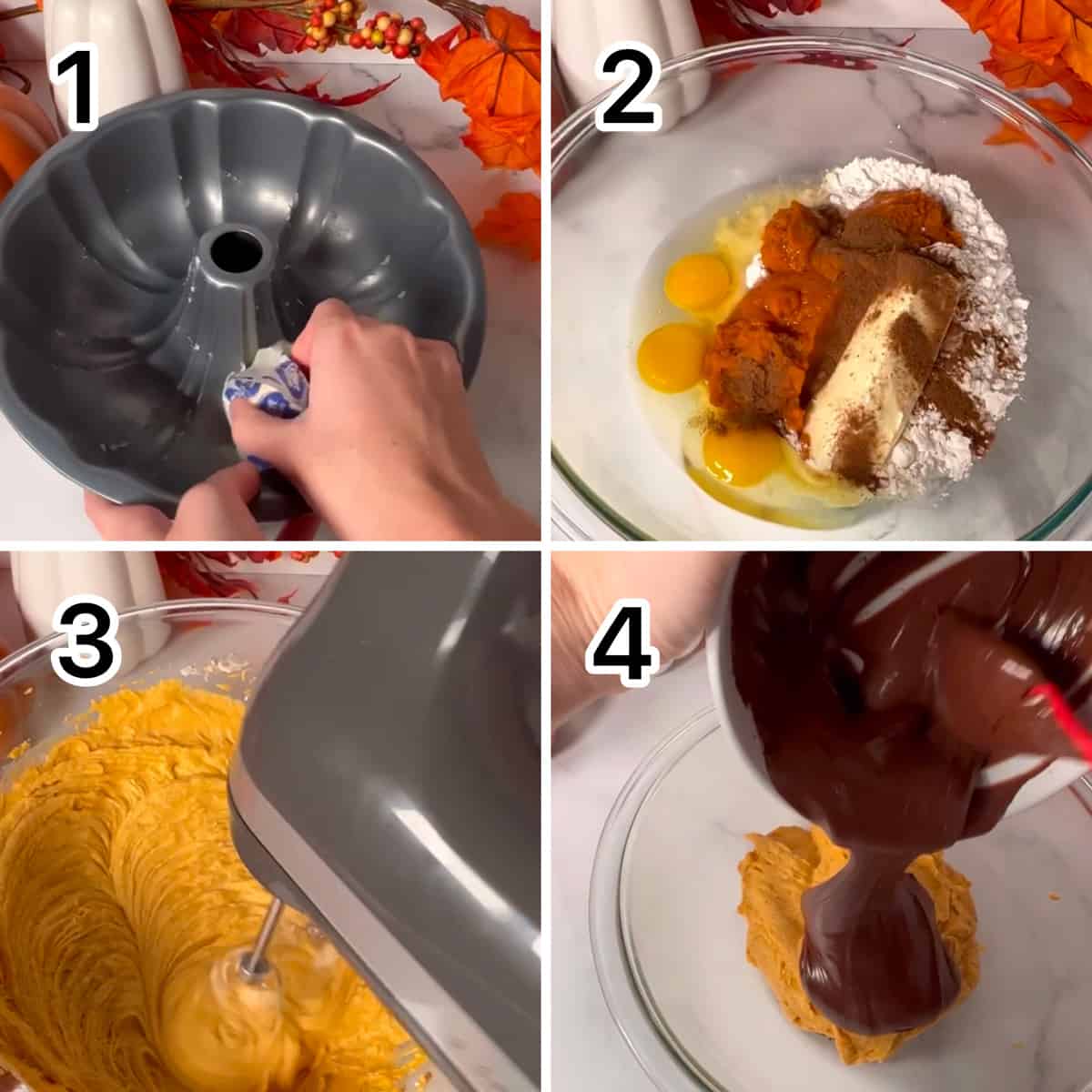 Steps one through four on how to make pumpkin cake.