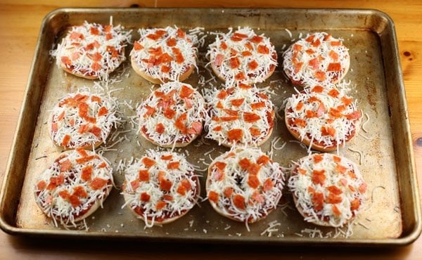 Homemade bagel pizza with cheese and pepperoni