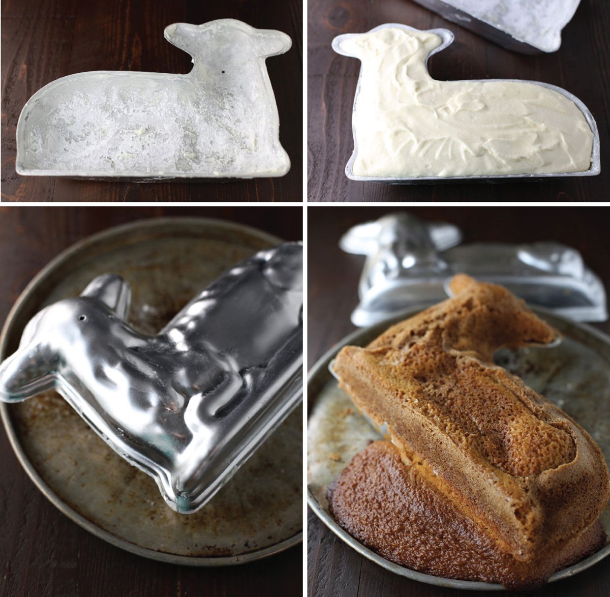 Steps showing how to make a 3D Easter lamb cake.