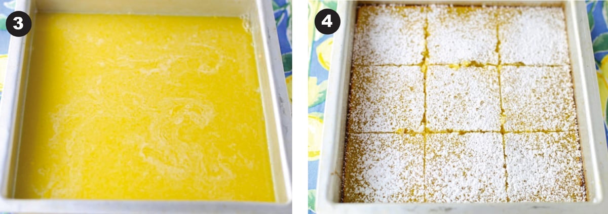 Two photos showing lemon bars before baked and after with powdered sugar on top.