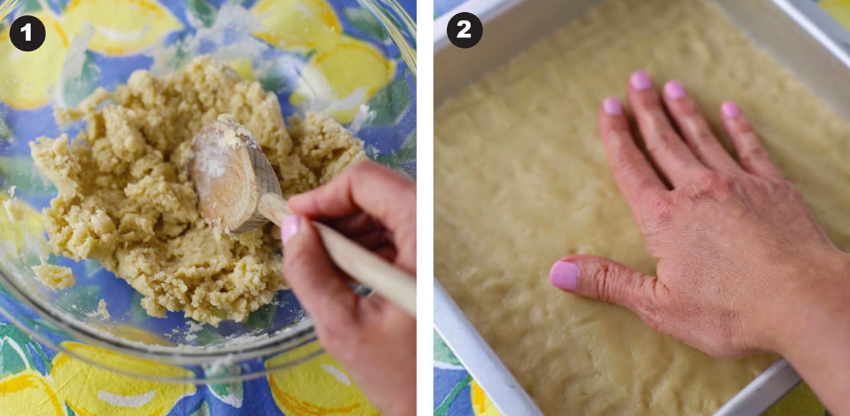 Two photos showing the crust batter in bowl and pressed into pan.