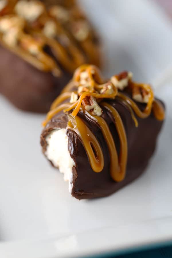 Chocolate Turtle Cheesecake Pops