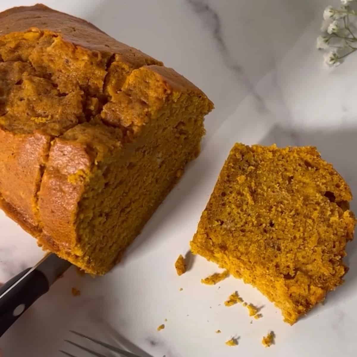 Loaf of pumpkin bread on counter.