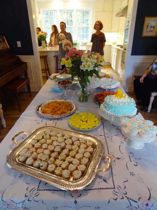 Baby shower party food with it's a boy cake.