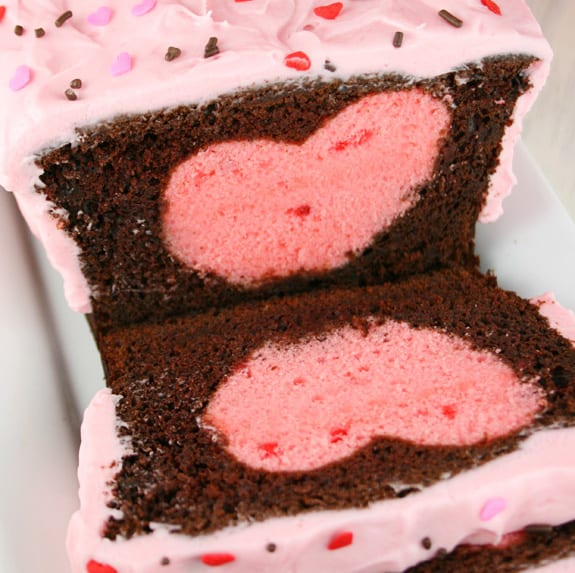 Chocolate strawberry surprise inside cake