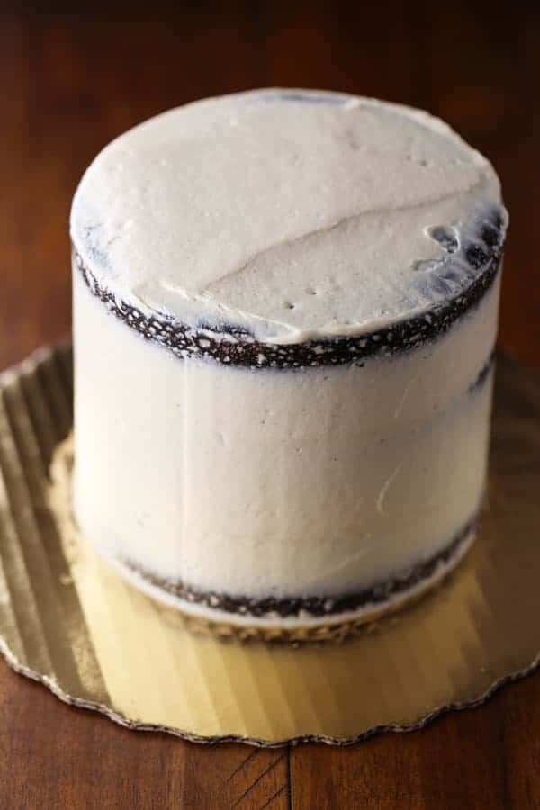 Chocolate cake with peanut butter swiss meringue buttercream frosting.