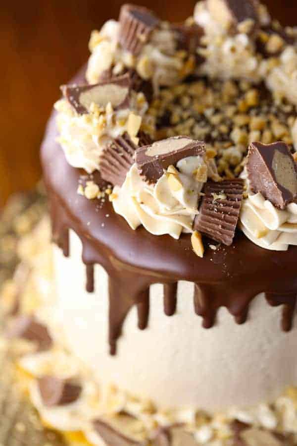 Chocolate cake with peanut butter swiss meringue buttercream frosting.