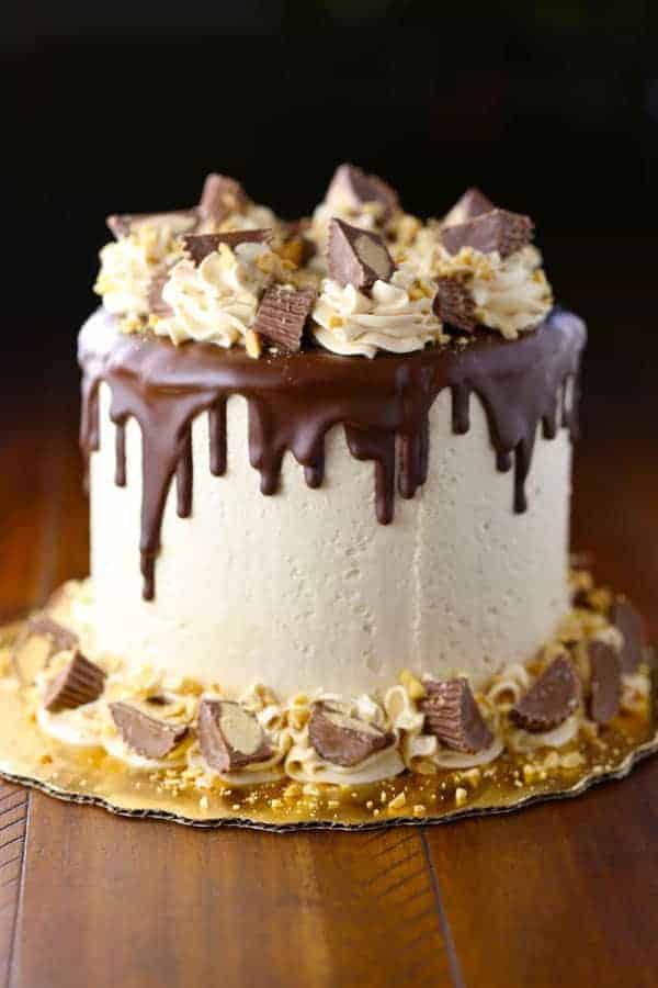 Chocolate cake with peanut butter swiss meringue buttercream frosting.