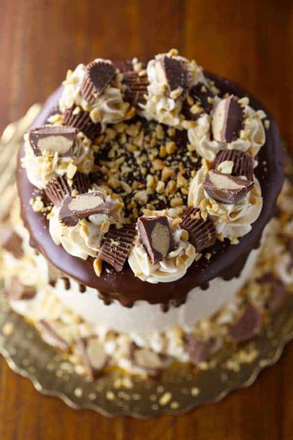 Chocolate cake with peanut butter swiss meringue buttercream frosting.