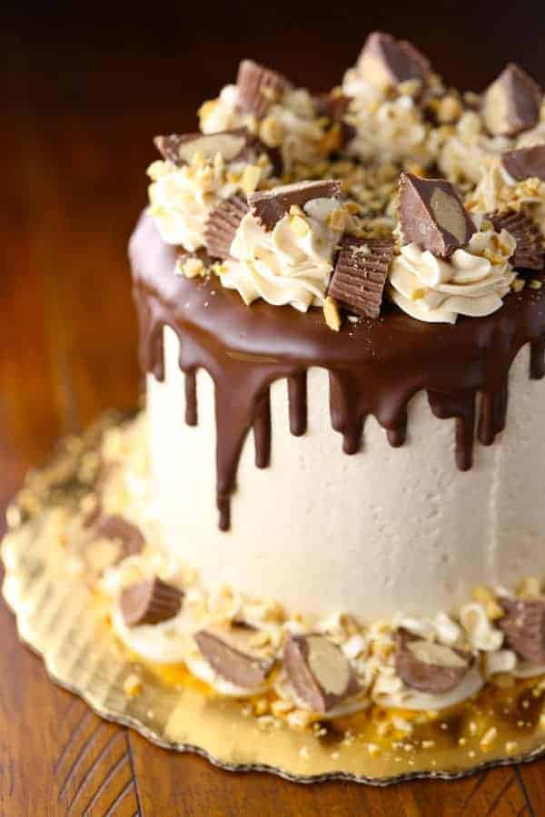 Chocolate cake with peanut butter swiss meringue buttercream frosting.