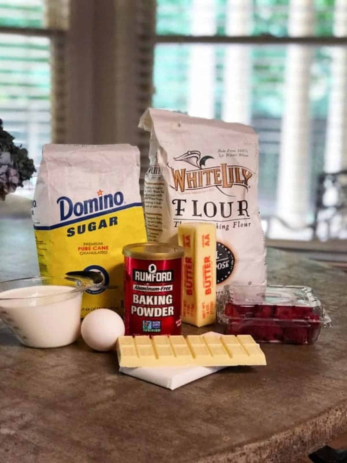 Ingredients needed for muffins sitting on the counter.