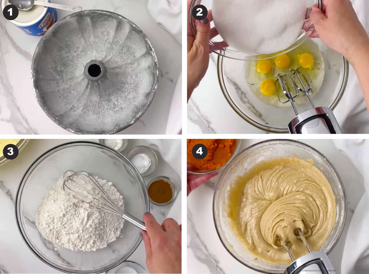 Four steps showing how to make a pumpkin spice bundt cake.