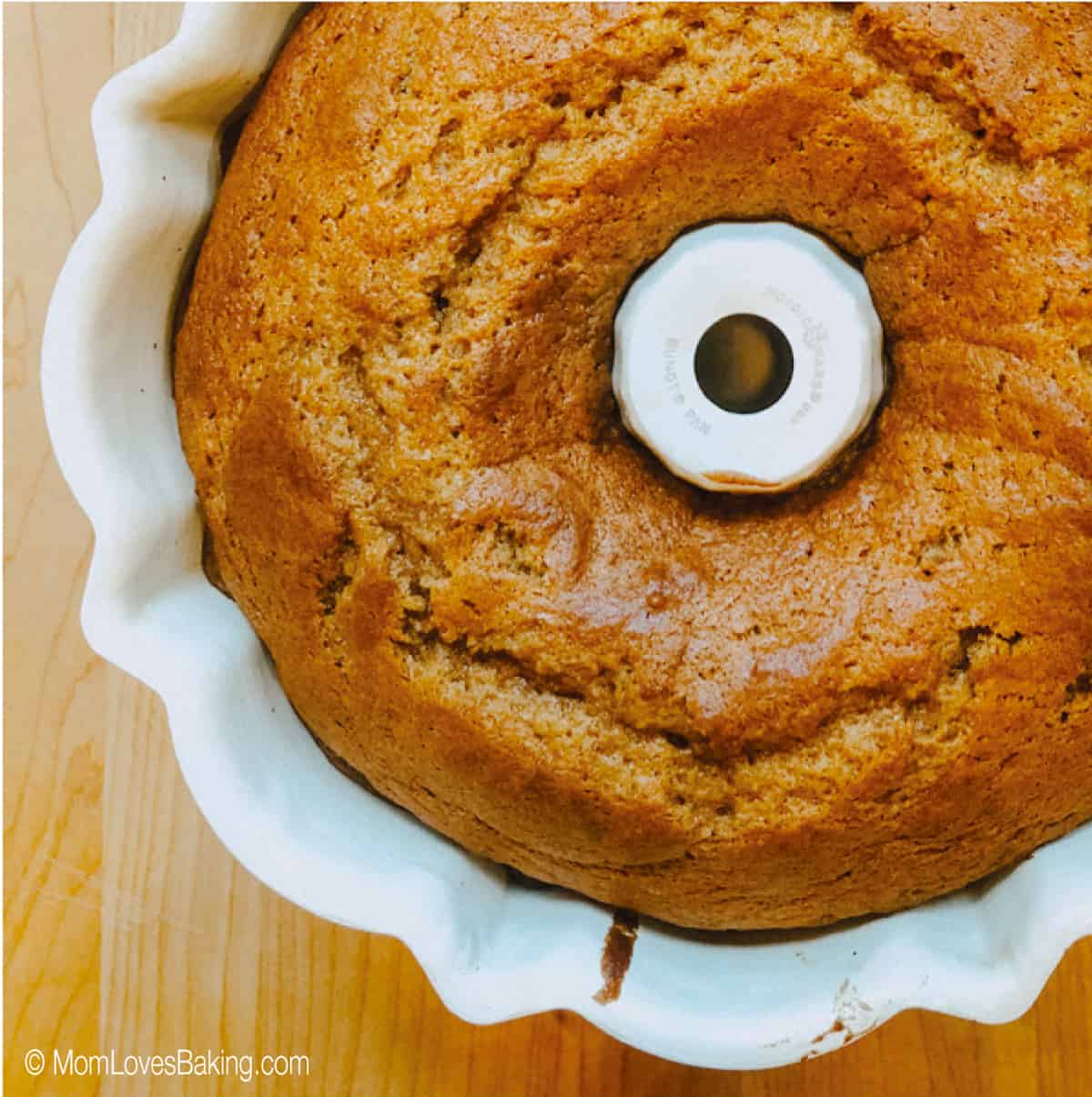 Baked pumpkin bundt cake showing the cake in the pan.