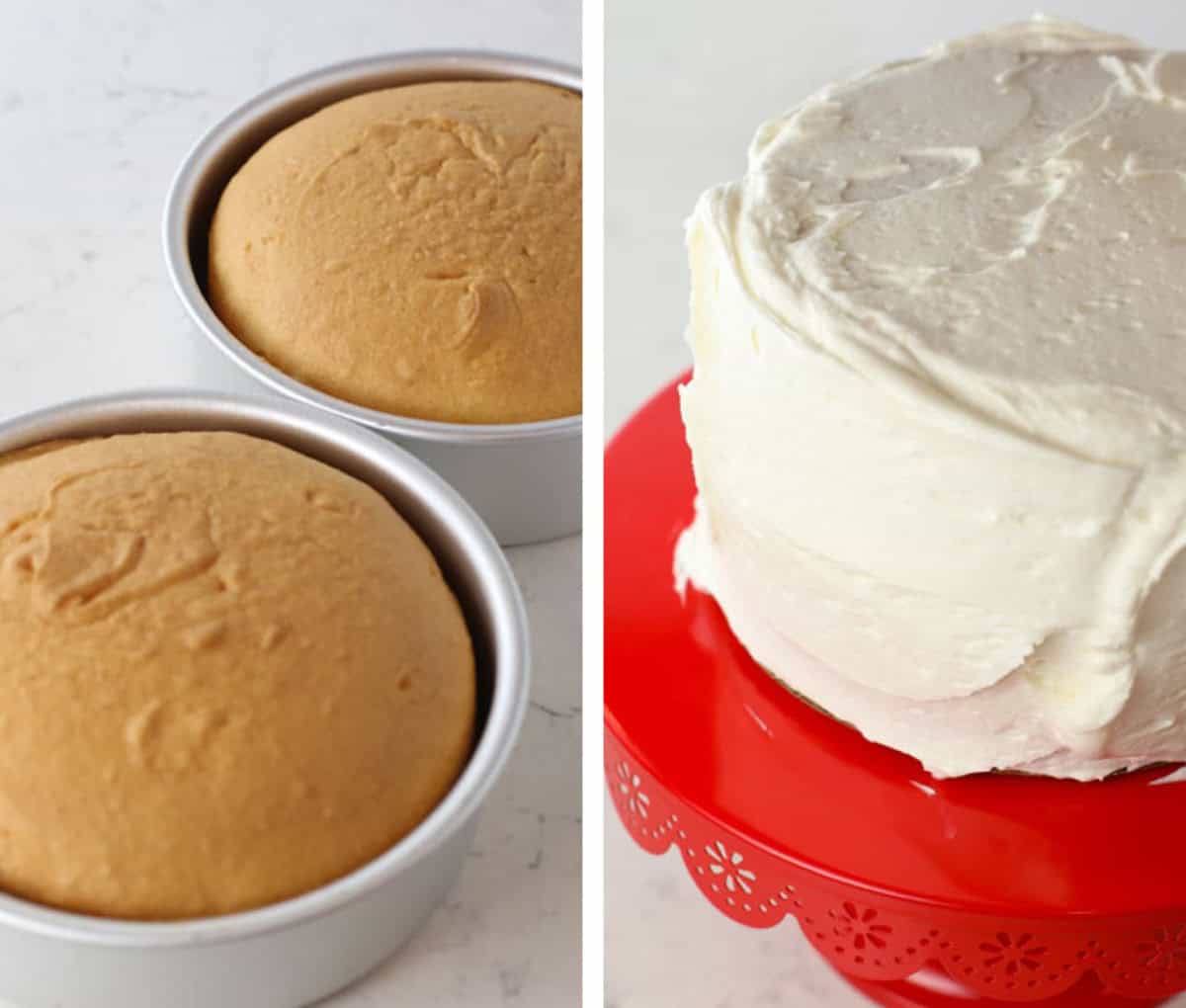 Collage showing two baked cake layers in pans on the left and a fully frosted, undecorated cake on the right, ready for July 4th decorating.
