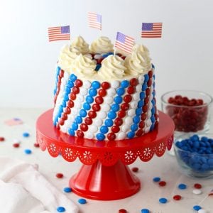 Red white and blue m&m's candy cake